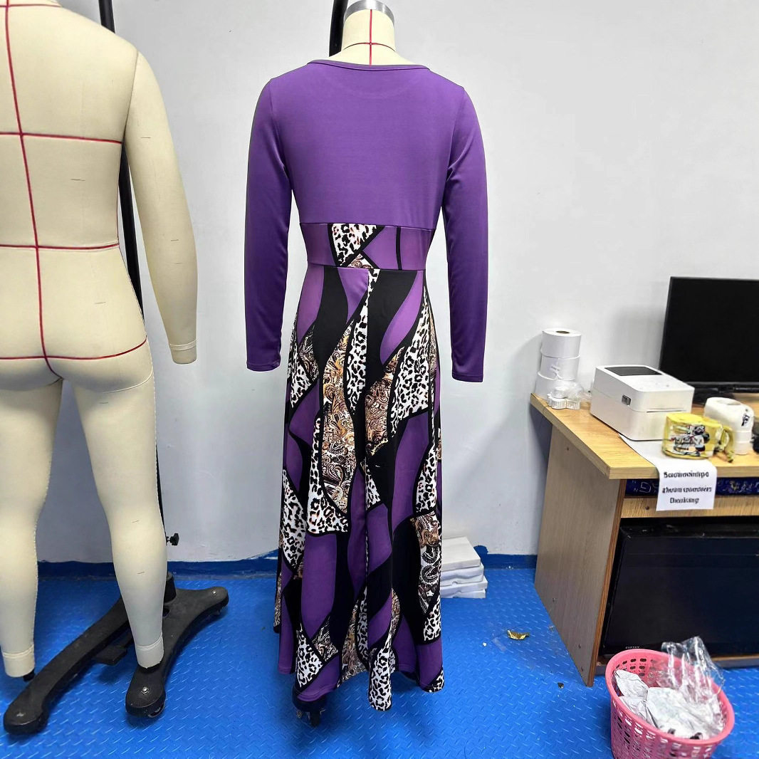 Casual Long Sleeve Maxi Dress 200g Fabric Floral Print Round Neck Perfect for Everyday Wear Wholesale Available
