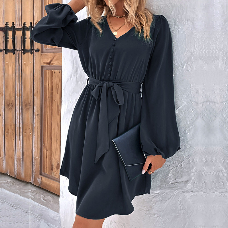 Womens Long Sleeve Solid Color Dress Elegant Design Versatile for Spring and Autumn Wholesale Availability