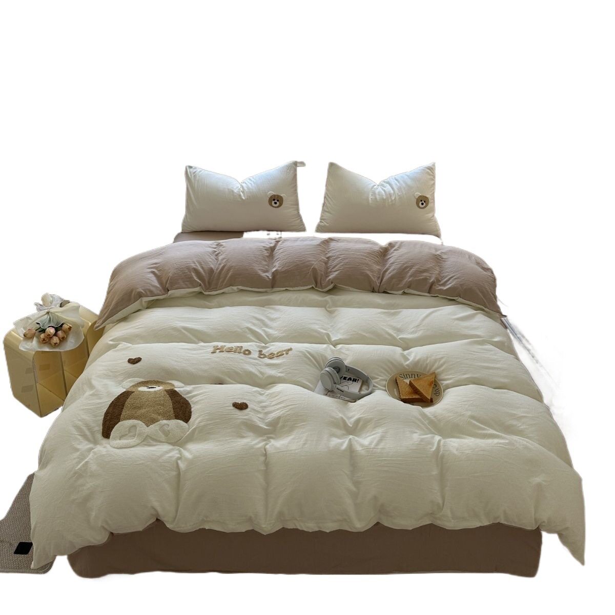 New Cute Towel Embroidered Four-Piece Set Washed Cotton Quilt Cover Girl Student Dormitory Bed Three-Piece Set Factory Direct Sale