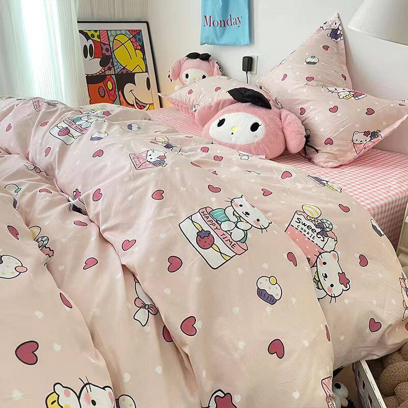 Ins Cartoon Cat Girl Heart Pink Four-Piece Set Cute Bedding Plaid Bed Sheets Dormitory 3-Piece Quilt Cover