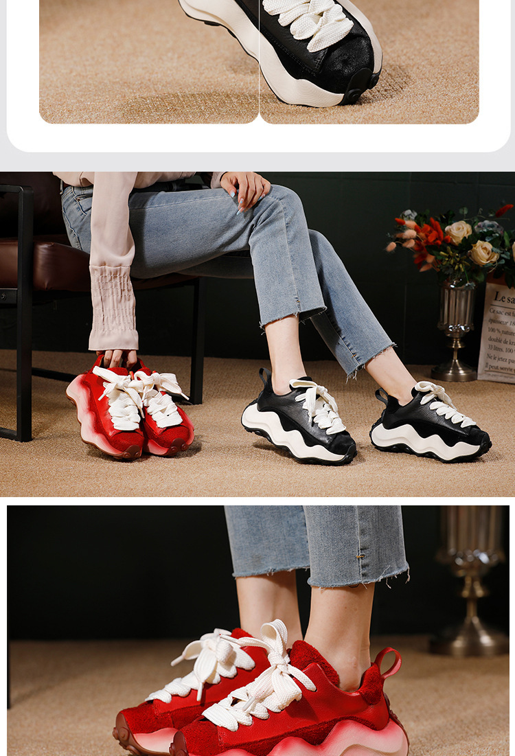 Giày sneaker nữ da bò thật cổ trung, dây buộc, đế dày — đen, màu đỏ