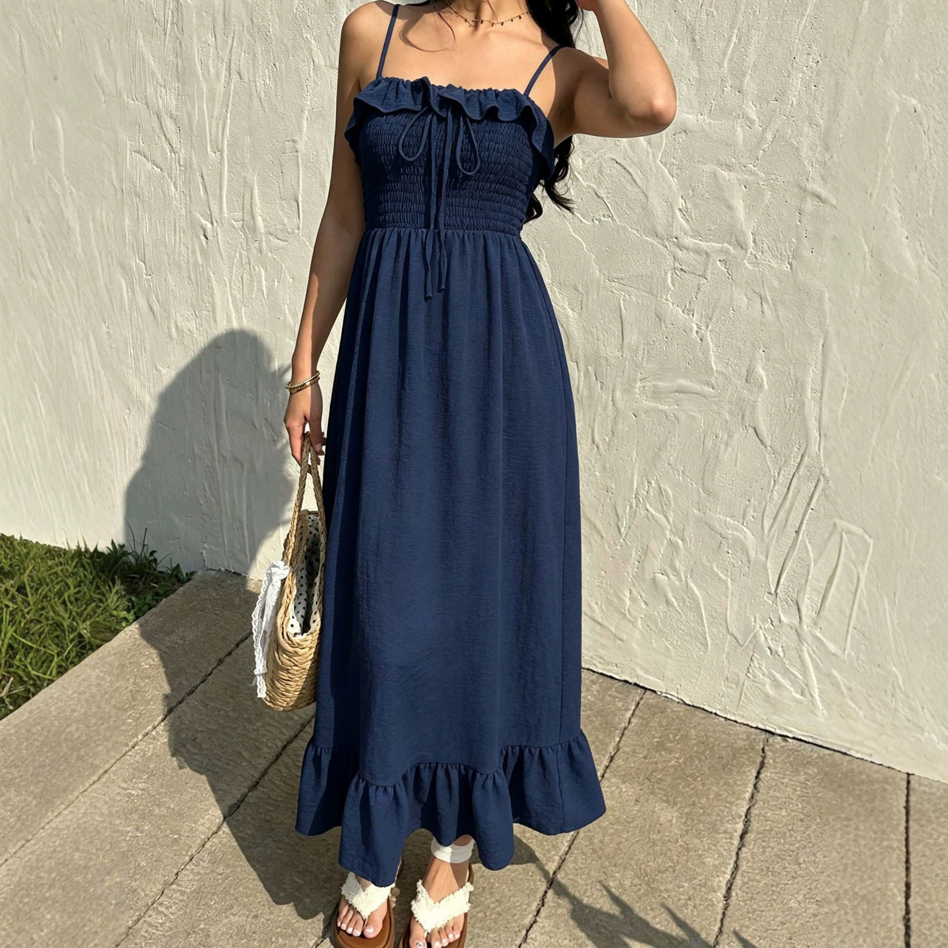 Ruffled Hem Maxi Dress Sleeveless Backless Waist Defining Summer Vacation Style Wholesale Available