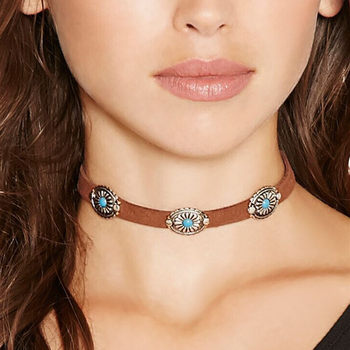Fashionable Retro Bohemian Choker Metal Flower Plate Turquoise Korean Velvet Necklace Choker European and American Choker Necklace