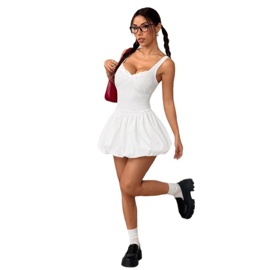 French Vacation Style Deep V Lace Cami Dress Slimming Fit Bow Detail Elegant Design Perfect for Summer Events