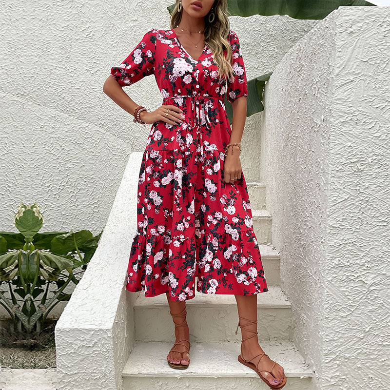 Vintage Floral Print V Neck Split Maxi Dress Summer Fashion for Women Elegant and Romantic Style Wholesale Available