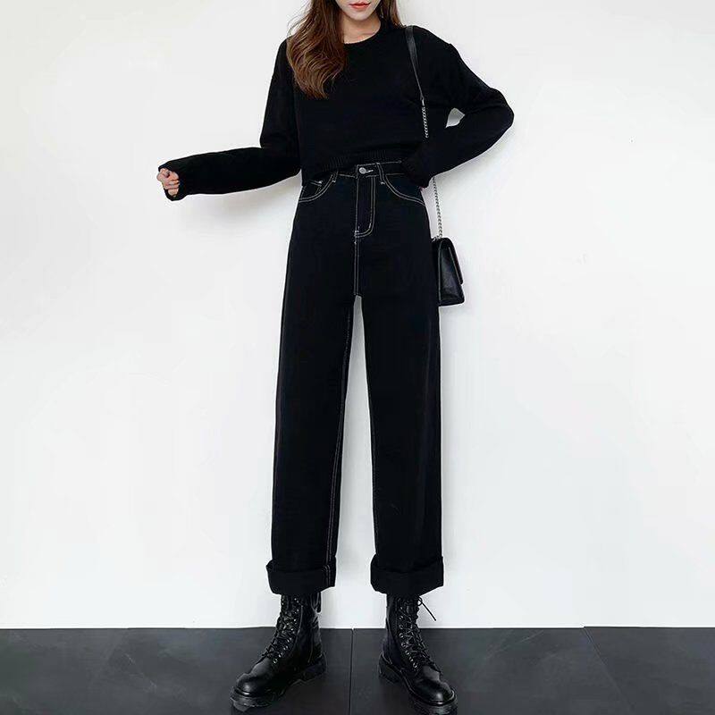 High Waisted Black Wide Leg Jeans for Women Slim Fit Versatile Korean Style Casual Wear Student Fashion Wholesale