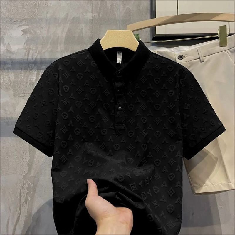 大码时尚轻奢提花休闲POLO衫夏款新款透气青年修身翻领短袖T恤男