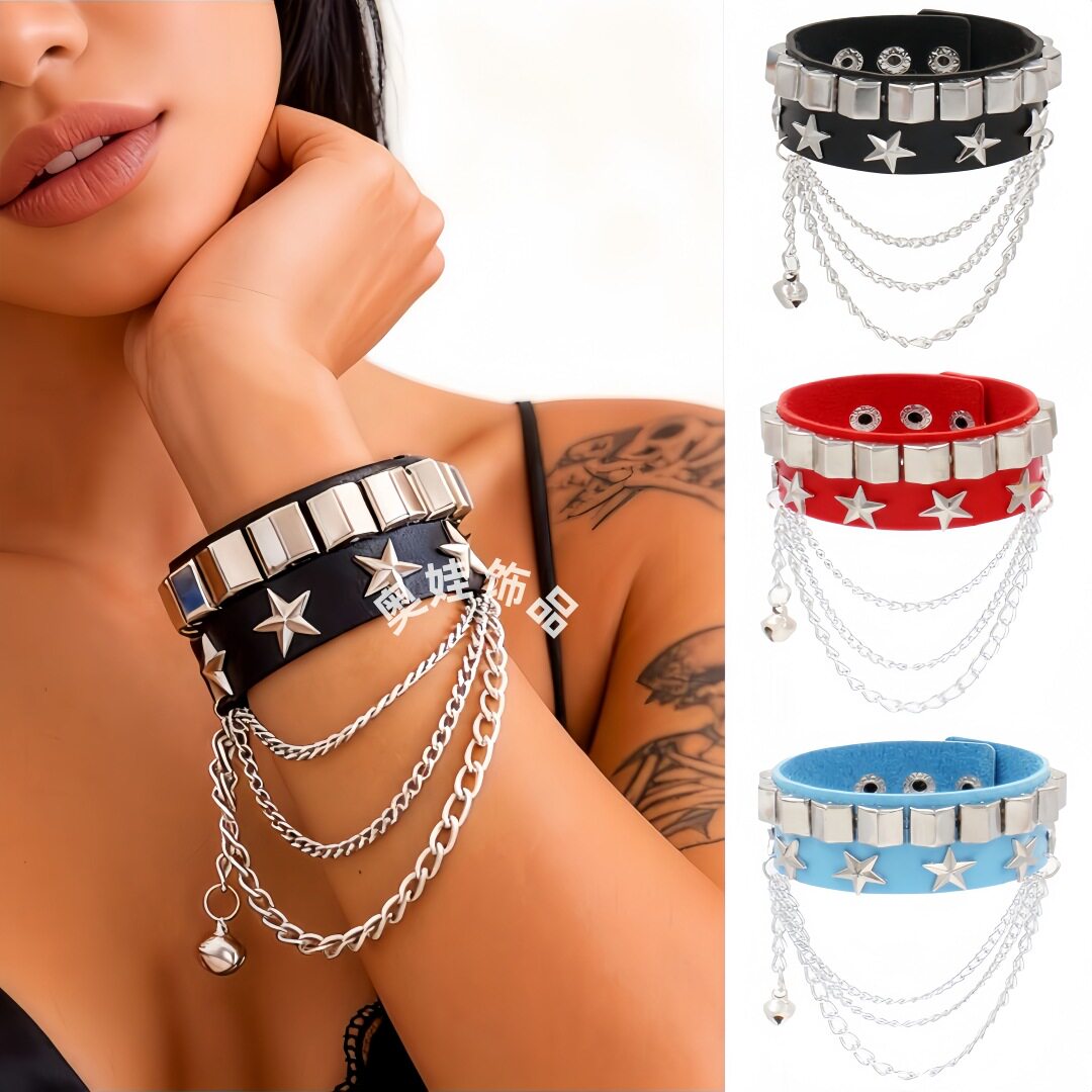 Eco-Friendly Pu Leather European and American Fashion Retro Street Style Punk Studded Bracelet Star Leather Bracelet Rock Jewelry