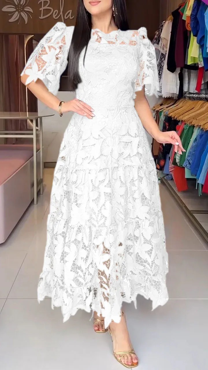 Summer Womens Lace Dress Elegant Hollow Design Round Neck Short Sleeve Perfect for Parties and Events Wholesale