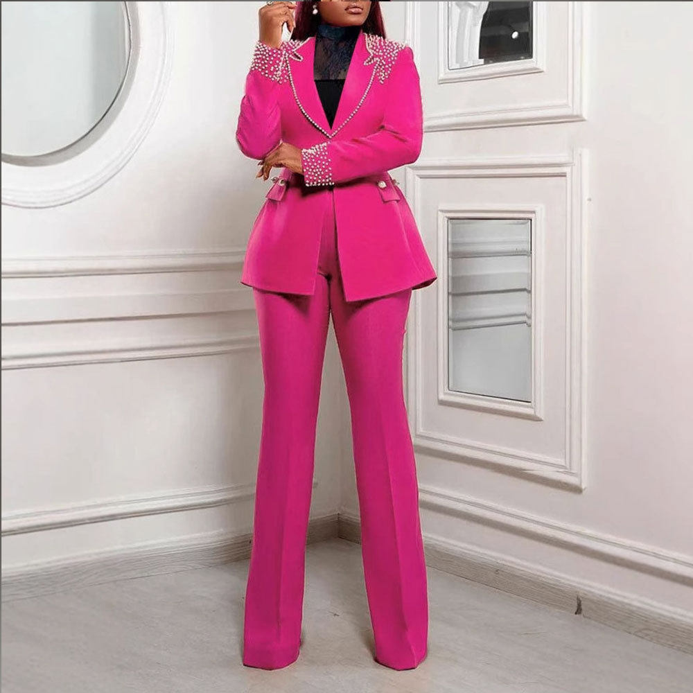 K3332 European and American Pearl Long-Sleeved Slim Stretch Suit Two-Piece Set