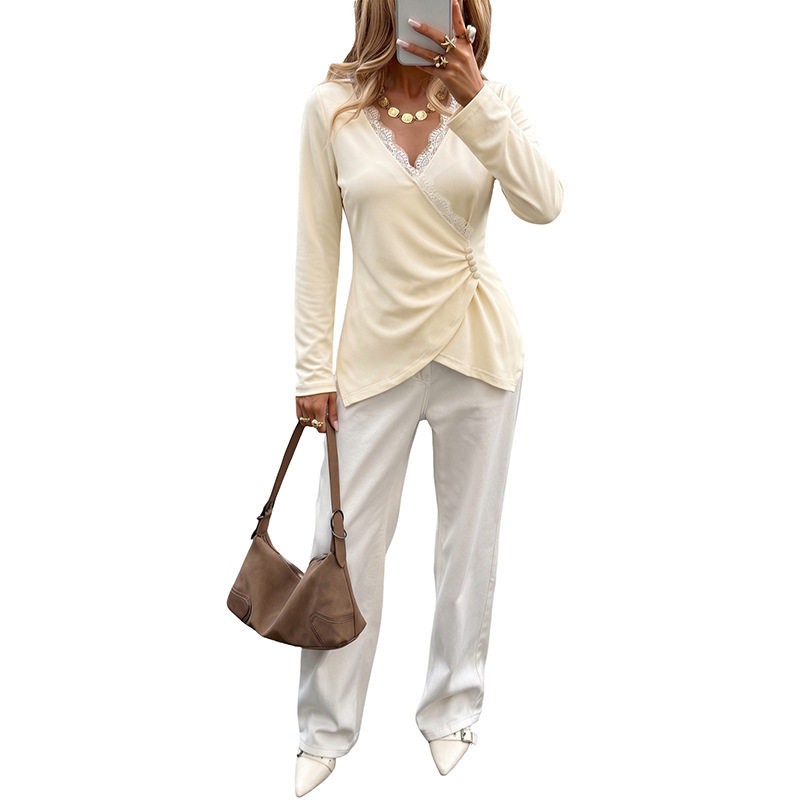 Casual Lace Long Sleeve Top Solid Color V Neck Waist Defined Womens Fashion for Everyday Wear OEM Available