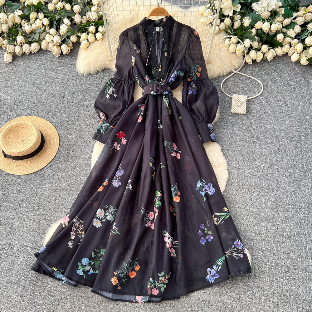 French Romantic Lantern Sleeve Floral Dress Hollow Out Waist Tie A Line Silhouette Elegant Evening Wear Wholesale