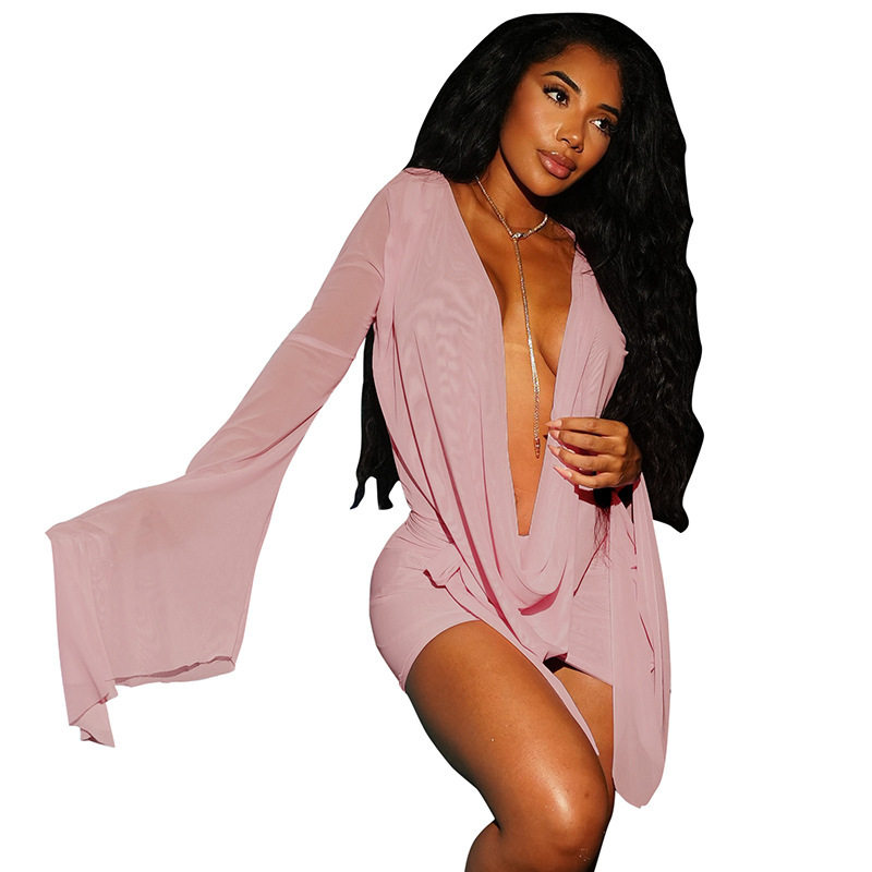 D25DS222 欧美跨境新款女装网纱荡领大摆长袖露背A字短袖连衣裙女