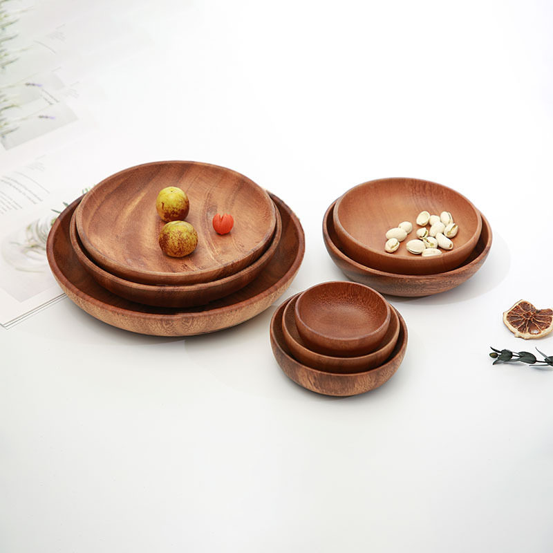 Japanese-style solid wood round plate creative fruit plate acacia wood household plate multi-specification melon and fruit dessert wooden plate carving