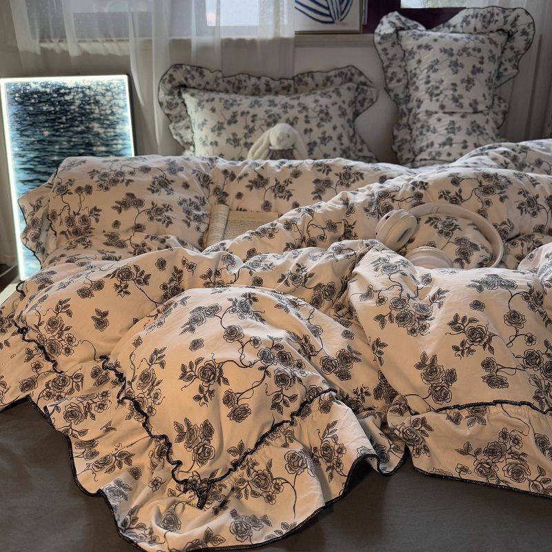 Ins Pastoral Floral Lace Quilt Cover Bed Sheets Double Bed Skirt Four-Piece Set Universal Washed Cotton Dormitory Three-Piece Set