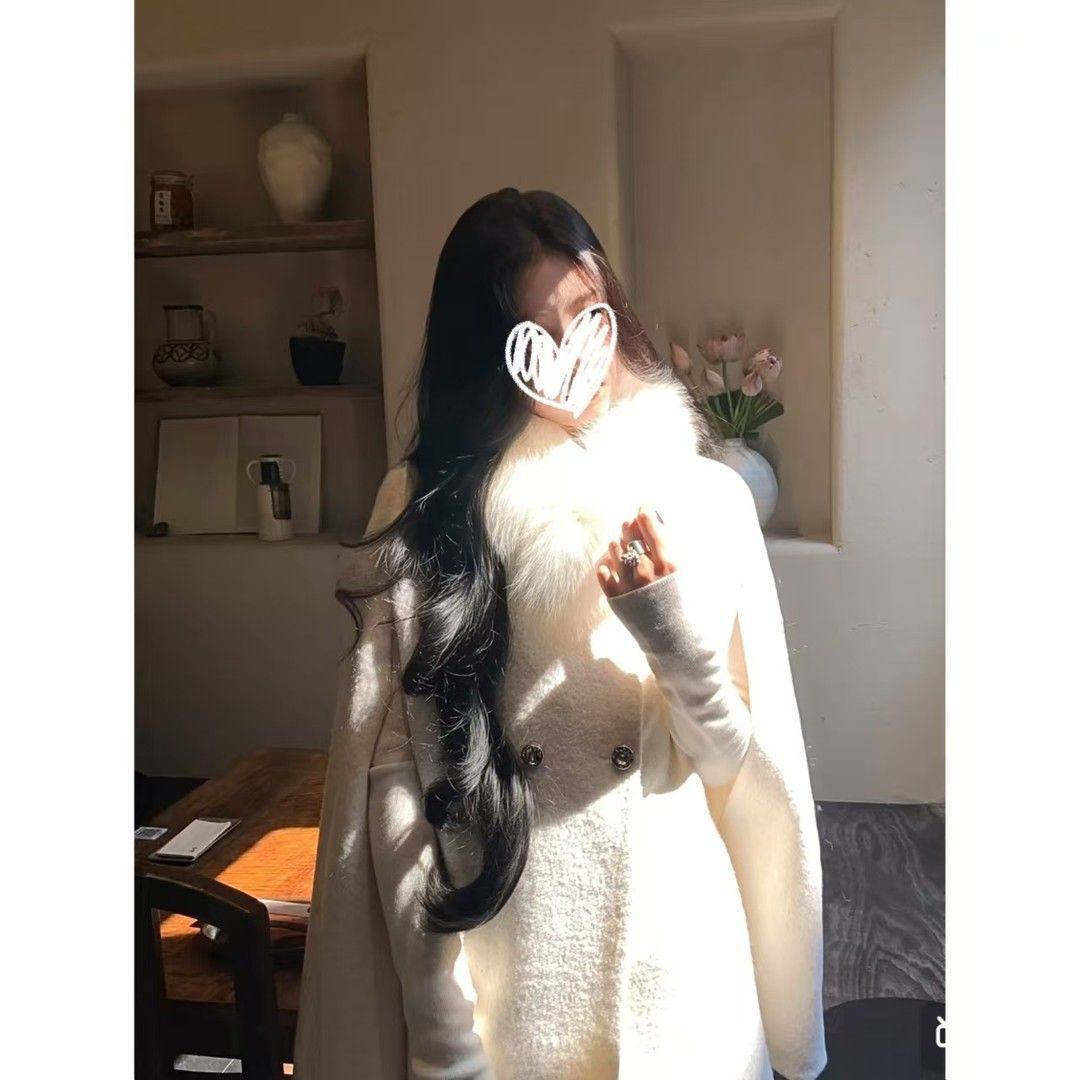 Overseas Lady's Autumn and Winter Elegant Cape Jacket + Fur Collar + Slim Long-Sleeved Skirt Three-Piece Set