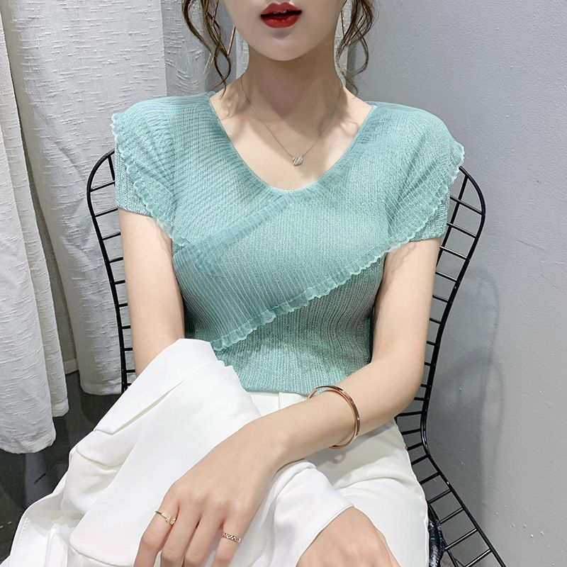 Summer Womens Sheer Knit Top Ruffle Hem V Neck Lightweight Ice Silk Casual Wear Stylish Design OEM Available