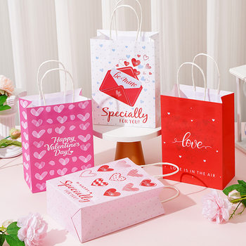 Ready-Made Valentine's Day Tote Bag, Pink Heart Kraft Paper Bag, Girl's Birthday Surprise Gift, Souvenir Packaging Bag