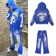 Heavyweight Washed Distressed Hoodie Set with Graphic Print - Loose Fit American Streetwear