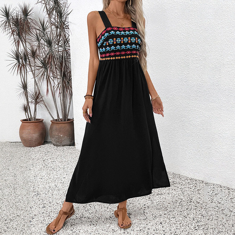 Summer Vacation Maxi Dress Colorful Ethnic Embroidery Sleeveless Lightweight Fabric Wholesale Available