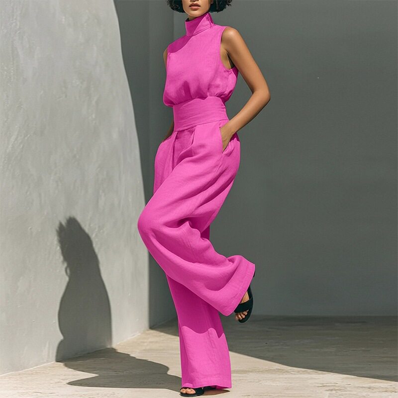 Womens Spring Outfit Set Elegant Solid Color High Neck Sleeveless Straight Leg Pants Perfect for Casual or