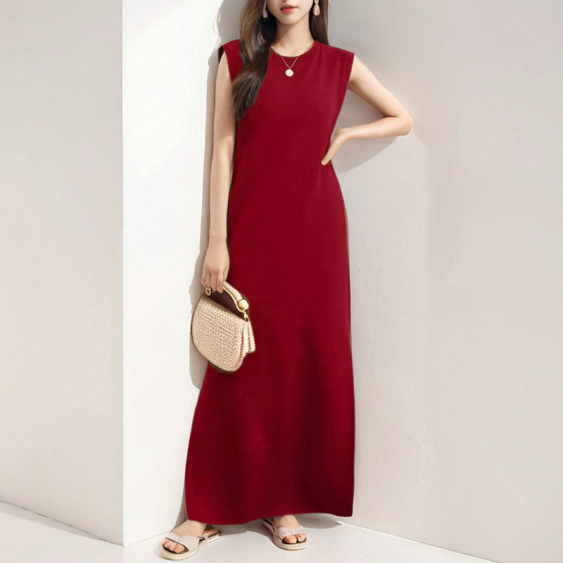 Womens Spring Dress Fashionable Elegant Sleeveless Round Neck Slim Fit Perfect for Casual or Formal Occasions