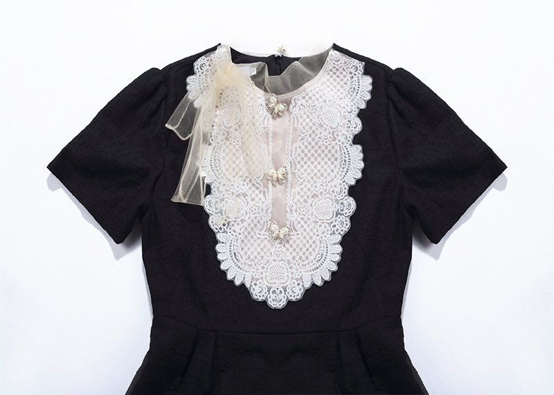 Đầm maxi nữ ren hoa thêu tay ngắn cổ tròn eo cao — Xanh chi tiết 12