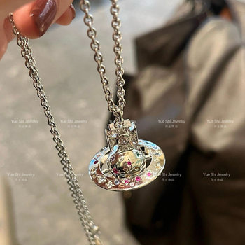 2025 Saturn Moon Neon Color Diamond Orb Three-Dimensional Planet Necklace Colorful Diamond Collarbone Chain Fashionable Layered Wear