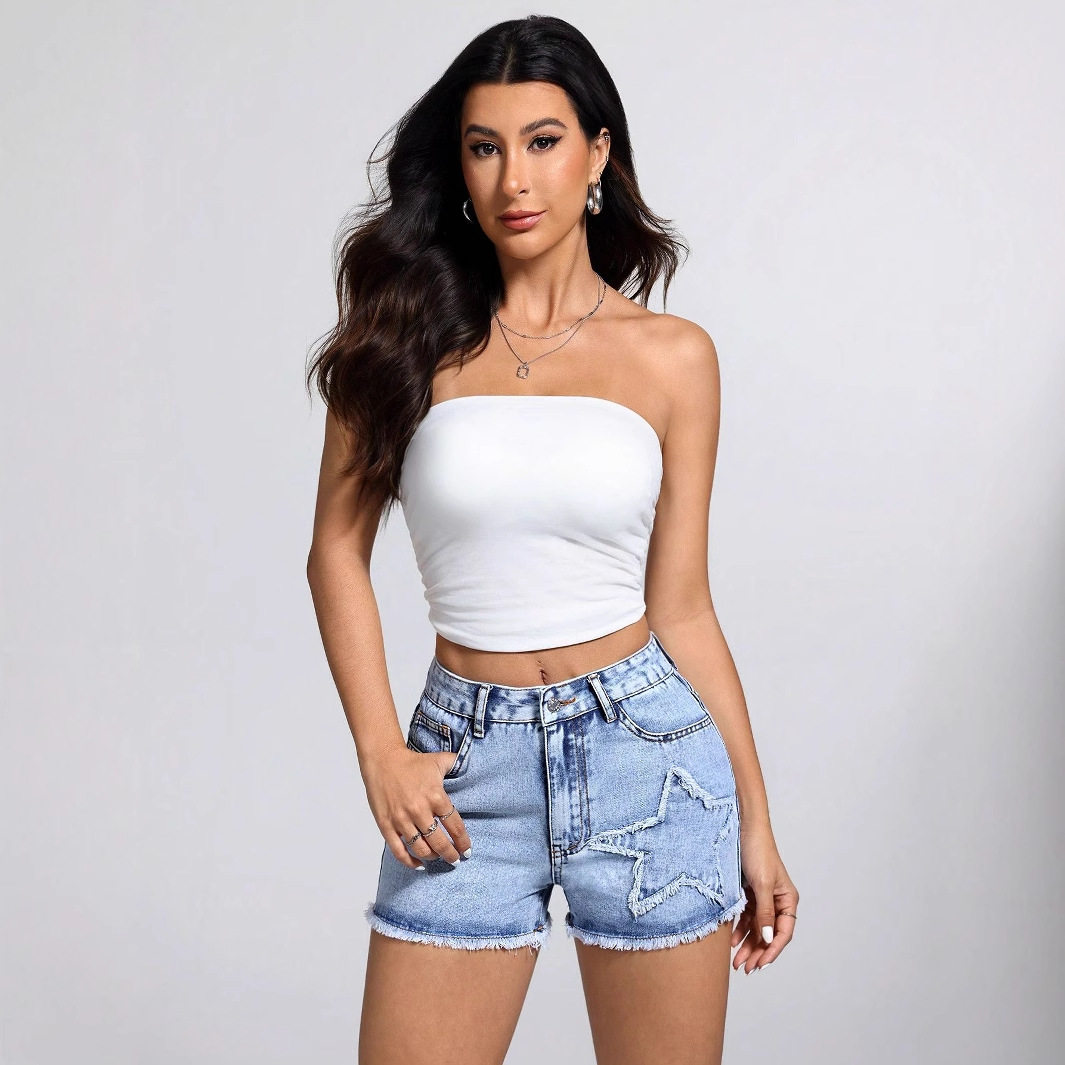 Casual Womens Denim Shorts Star Print Frayed Hem Stylish Design Summer Wear Wholesale Available