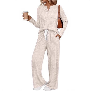 2025 New Autum Cross-Border Women's Clothing Export Amazon Hot Selling V Neck Knitted Casual Comfortable Pajamas Set for Women