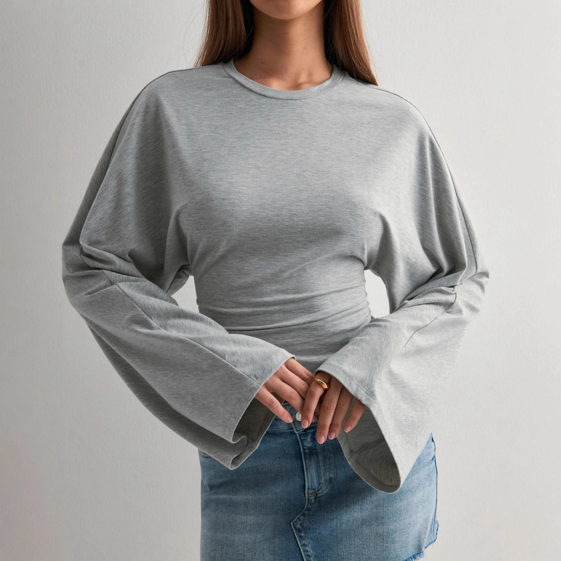 Womens Casual Long Sleeve Top Solid Color Waist Defined Round Neck Autumn Collection Wholesale Available