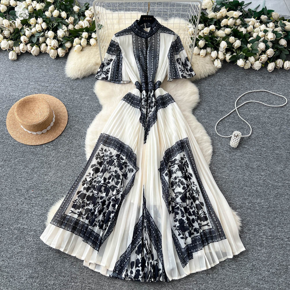 French Style Floral Maxi Dress for Women with Pleated Design and Stand Collar Available in Multiple Colors and Sizes