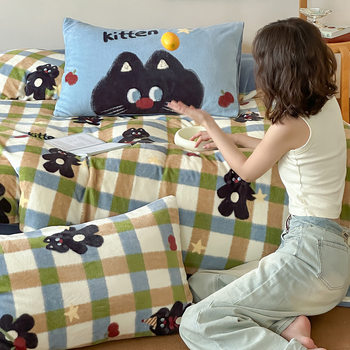 Autumn and Winter Thickeneded Milk Velvet Bed Four-Piece Set Winter Double-Sided Coral Velvet Quilt Cover Bed Sheetss Student Dormitory Three-Piece Set