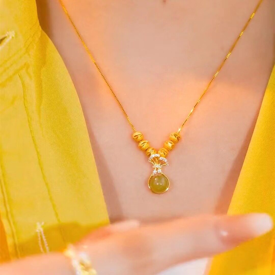 Net red gold money bag pendant green jade Ruyi necklace pull adjustable Universal chain exquisite clavicle chain