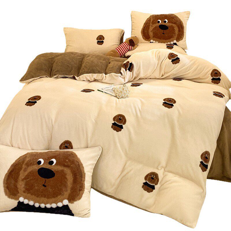 Category a Maternal and Infant Grade Thickeneded Milk Velvet Four-Piece Set Cute Cartoon Coral Velvet Three-Piece Set Winter Warm Velvet Quilt Cover