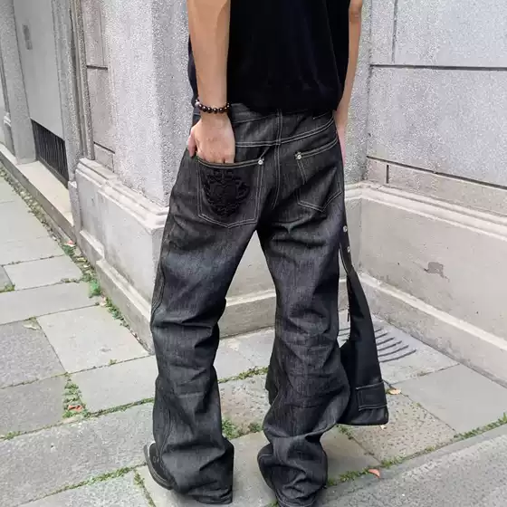 Raw Denim Flared Jeans for Men and Women, Old Money Style, Spring and Autumn, High-End Feel, American Style, Slimming, Diagonal Cut, Embroidered, Scimitar Pants