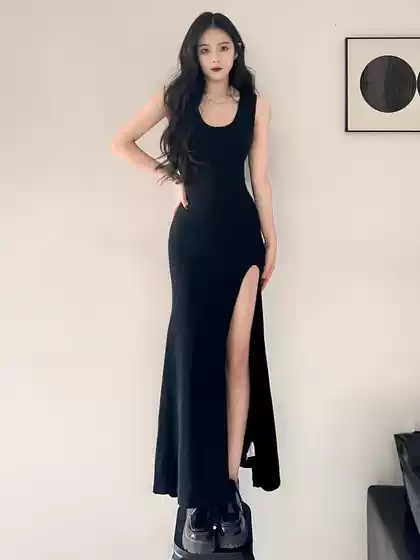2024 New Summer Sweet Spice Girl Black Sling dress Children Slim-fit Split Hip Skirt Mid-length Dress