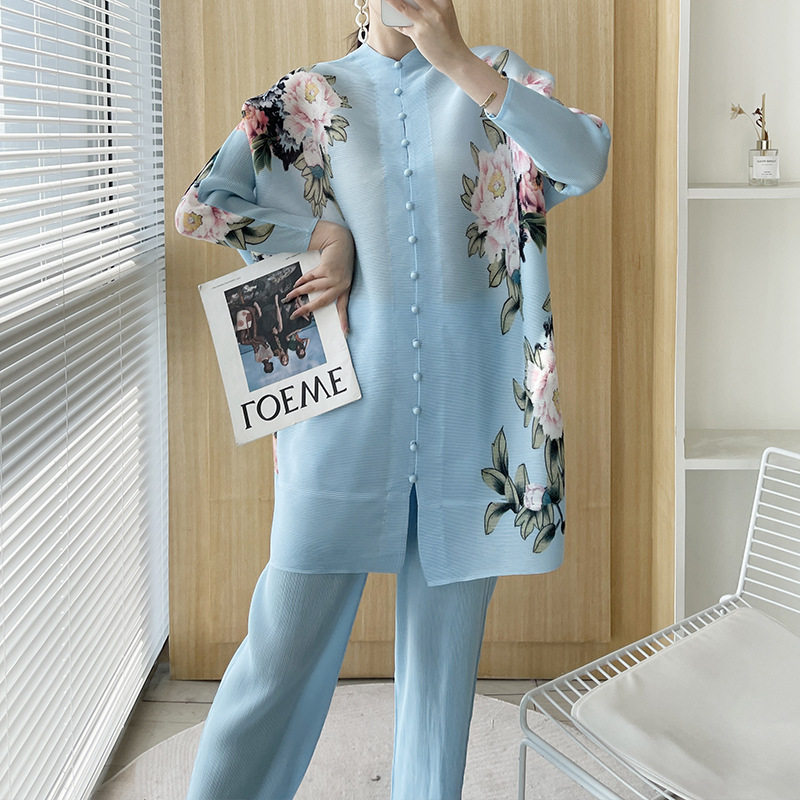 Pleated set 14-button set 2023 new Western-style large size breasted jacket + wide leg pants two-piece set slimming