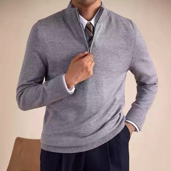 Autumn and Winter Italian-Style Gentleman's Stand-Up Collar Zipper Knit Sweater for Men, High-End British Slim-Fit Pullover Long-Sleeve Sweater for Trendy Men