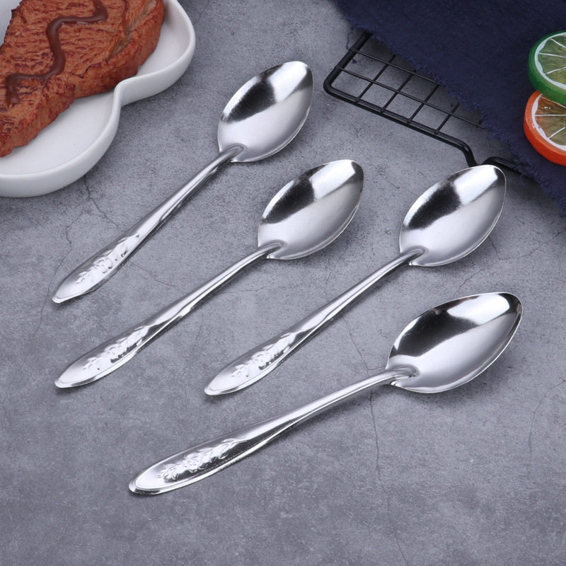 Stainless Steel Spoon Thickened Long Handle Soup Spoon Watermelon Spoon Pointed Spoon Rose Flower Spoon Canteen Rice Spoon Commercial Use