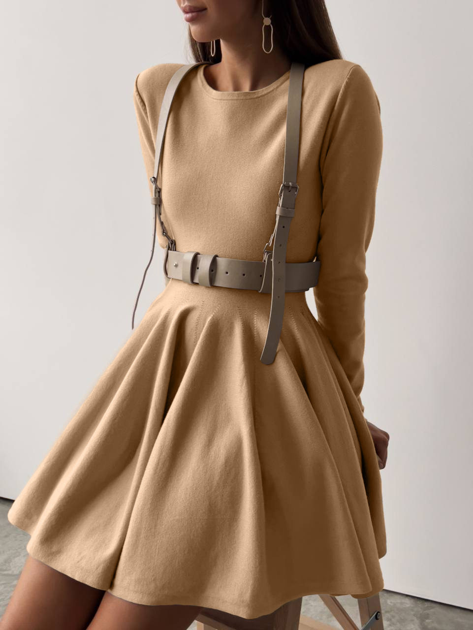 Knit Dress Round Neck Waist Defined Pleated Design Casual Chic for Everyday Wear Wholesale Available