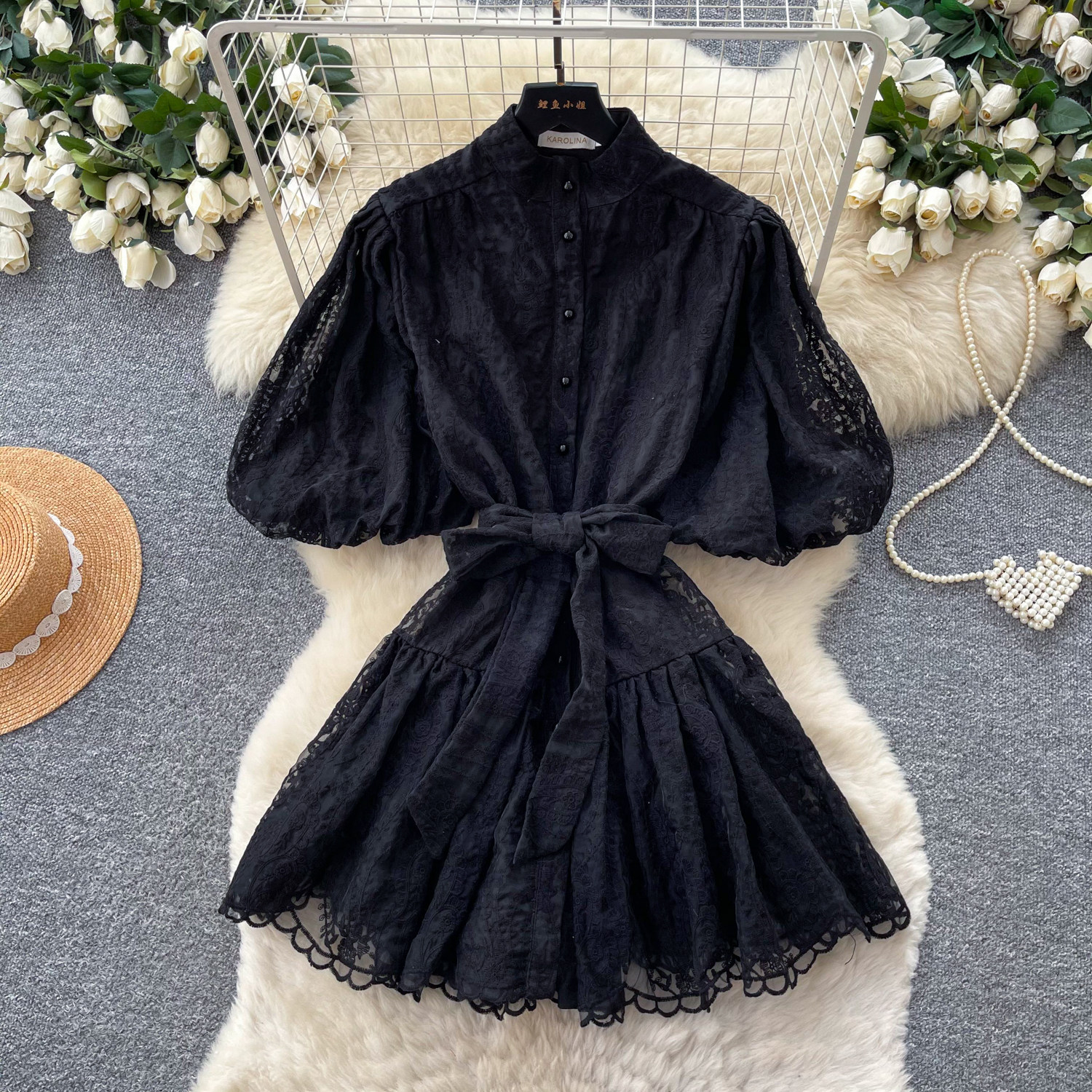 French Court Style Lantern Sleeve Lace Dress for Women V Neck Tie Waist A Line Silhouette Summer Elegant Occasion