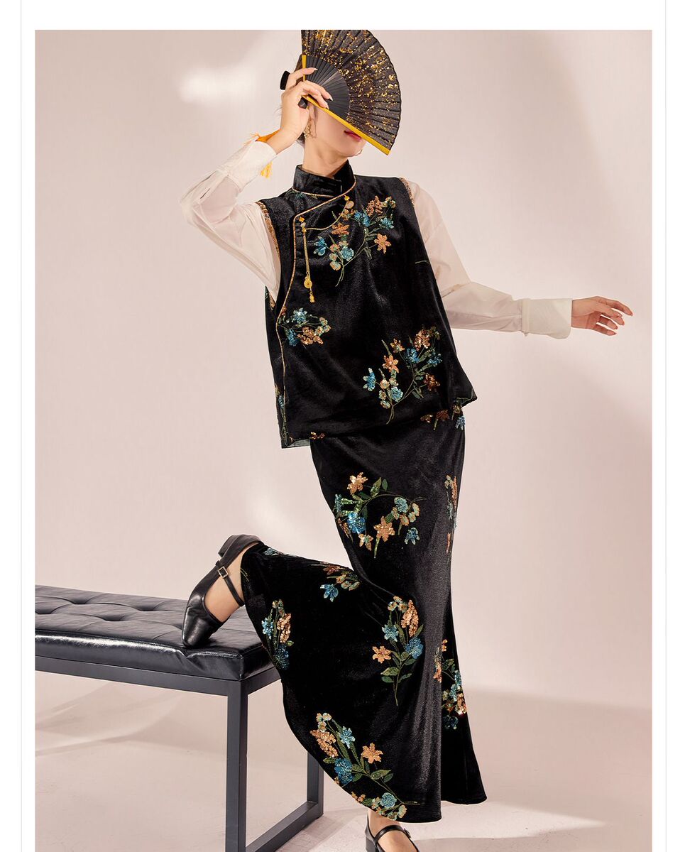 Bộ vest và chân váy dài dáng đuôi cá thêu hoa đính sequin sang trọng — Váy thêu (giao hàng trong 7 ngày), Váy thêu (giao hàng trong ngày), Áo vest thêu (giao hàng trong 7 ngày), Áo vest thêu (giao hàng trong ngày)