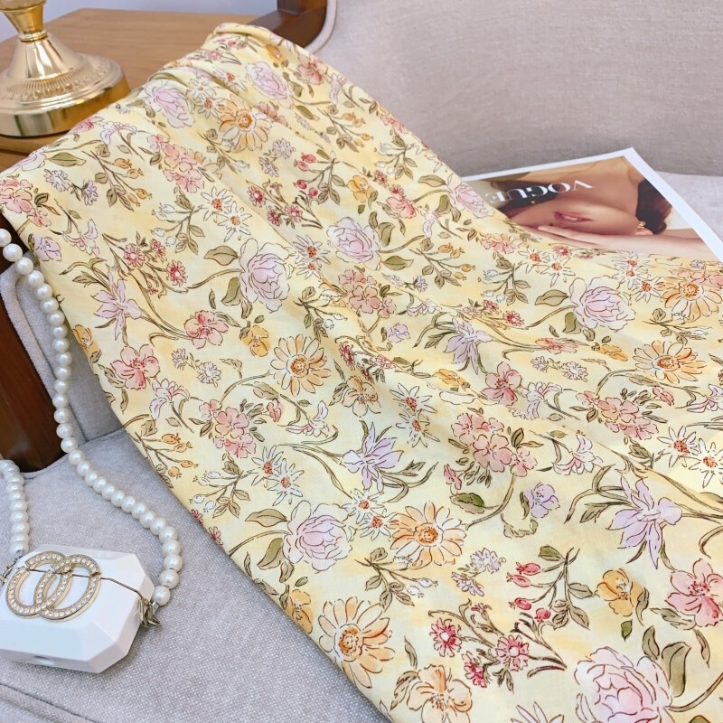 Đầm hoa nhí dáng dài cổ tròn tay bồng chiết eo phong cách thanh lịch — Váy liền màu đỏ, Váy liền màu vàng, Váy liền màu xanh dương