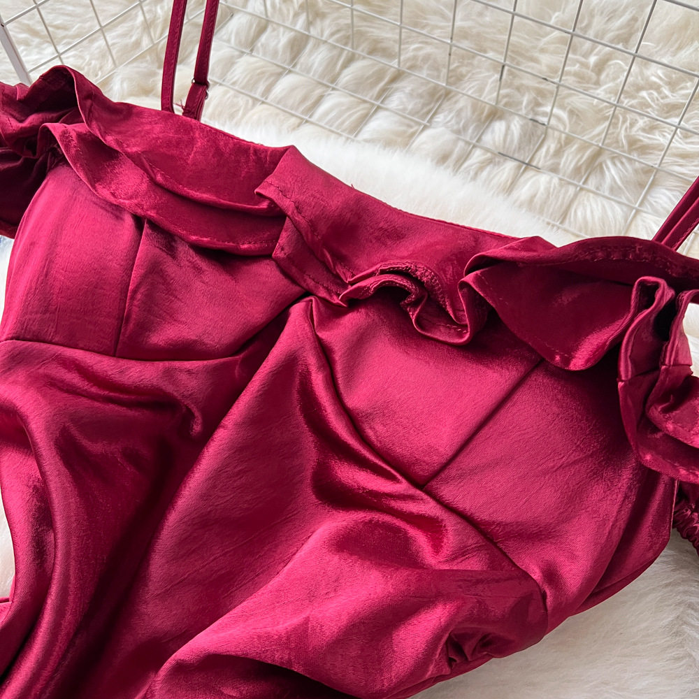 Red Satin A Line Dress with Built in Bra Sleeveless Ruffled Hem Waist Defined Elegant Evening Gown for Special