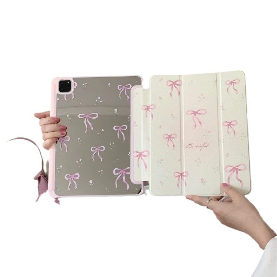 ins style pink mirror bow tri-fold tablet protective case for iPad Pro11/10th/10.5