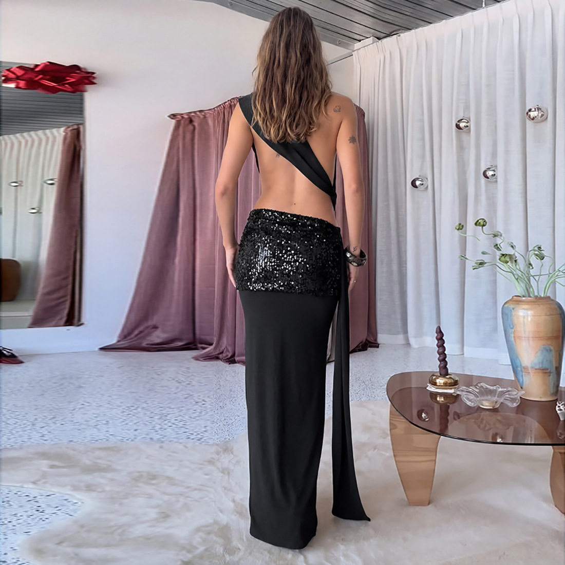 Sleeveless Sequin Trimmed Dress Sexy Backless Design Asymmetrical Neckline Solid Color Spring Fashion for Women OEM