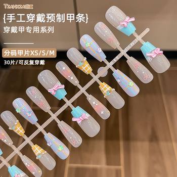 Mid-Length Rhinestone Press-On Nails with Painted Bowknot Nail Art, Sweet Girl Style Fake Nails, Elegant Nail Pieces with Dazzling Sparkle