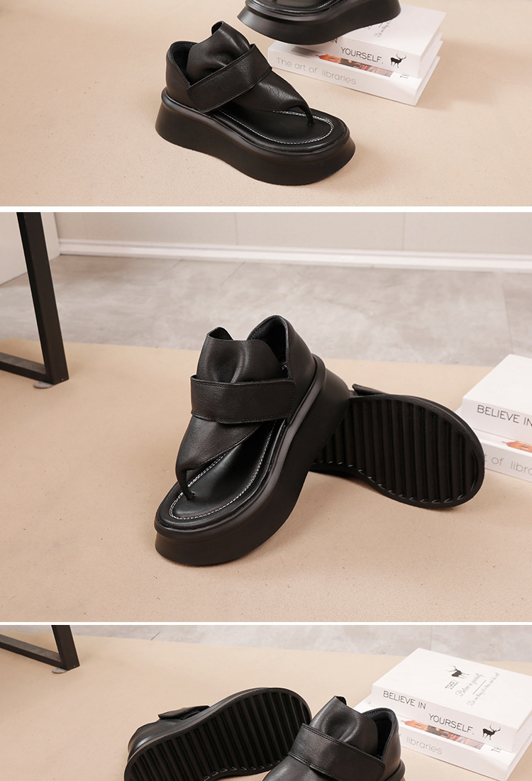 Sandal nữ quai ngang kẹp ngón da bò thật đế dày nhẹ — Màu đen