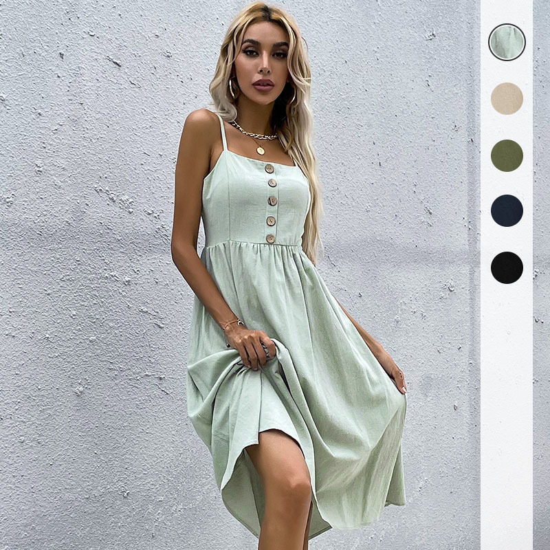 Summer Womens Casual Dress Slim Fit Solid Color Cotton Linen Blend Spaghetti Straps Perfect for Beach or Party